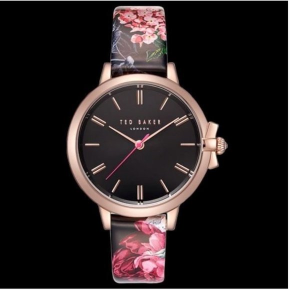 Ted Baker Ruth Black pink Floral Leather Strap Watch nwot - Picture 4 of 11